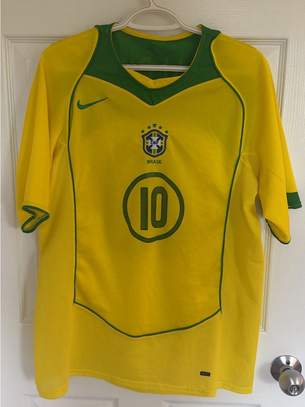 Ronaldinho - Nike Yellow and Green Brazil #10 Soccer Jersey